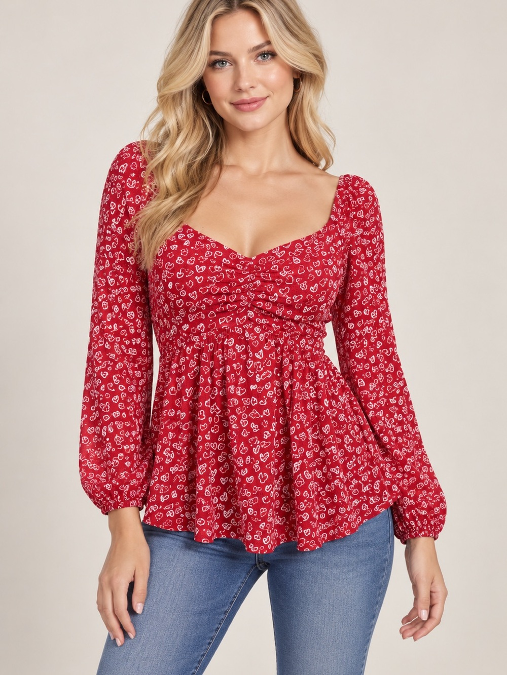 LOFT Red Heart-Print Peasant Top